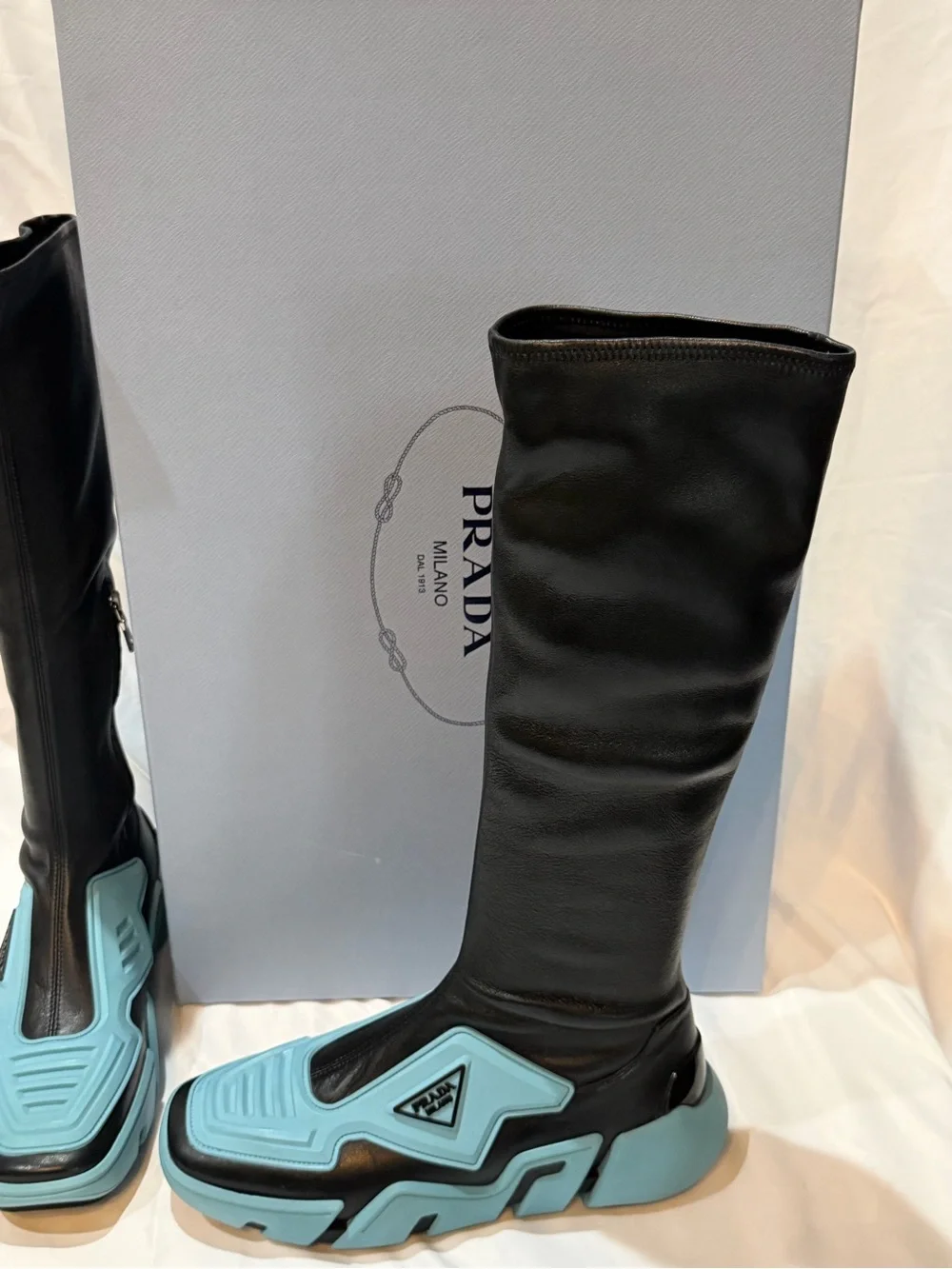 Prada Runway Techno Stretch Boots with Light Blue Platform Soles size 40